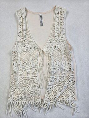 Beautees Crochet Fringe Boho Vest Sleeveless M Beige White Western
